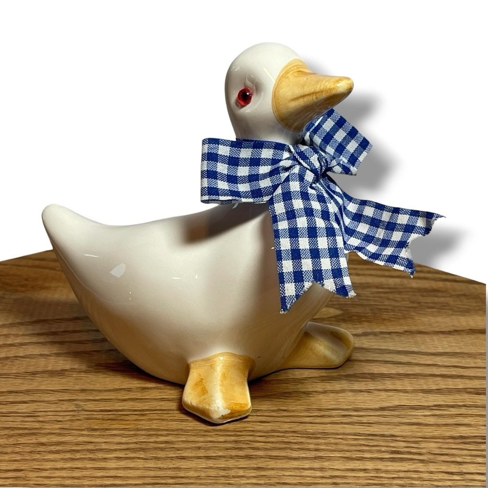 Ceramic Country Farmhouse Goose Blue Gingham Neck Ribbon & Red Beaded Eyes 5"